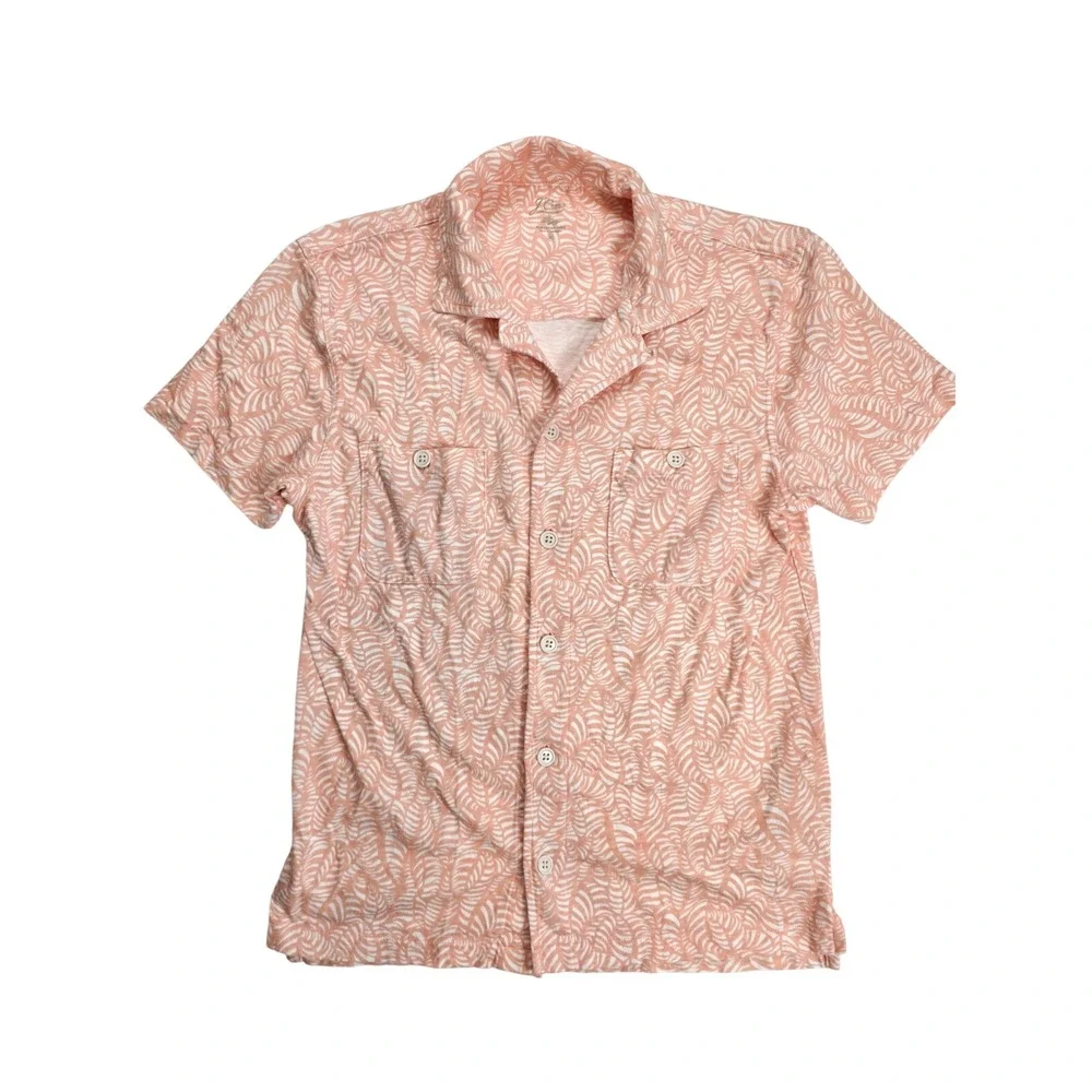 J. Crew Mens Orange Tropical Leaf Print Slub Cotton Short Sleeve Shirt‎ Size M